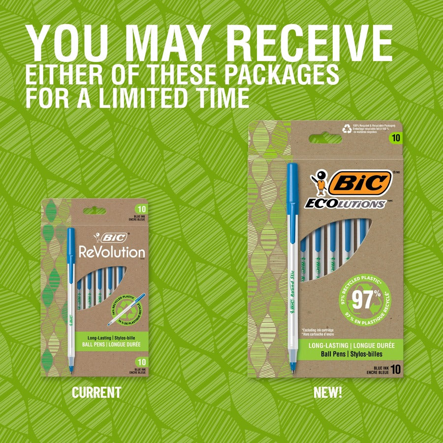 BIC Ecolutions Round Stic Ball Point Pen - 1.0 mm Medium Pen Point - Blue Ink - Semi-transparent Barrel - 10 / Pack