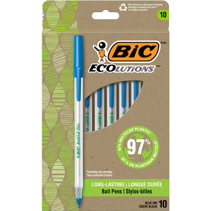 BIC Ecolutions Round Stic Ball Point Pen - 1.0 mm Medium Pen Point - Blue Ink - Semi-transparent Barrel - 10 / Pack