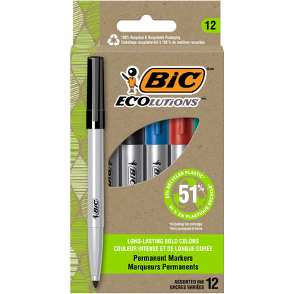 BIC Ecolutions Permanent Marker - Blue, Green, Black, Red Ink - 12 / Dozen