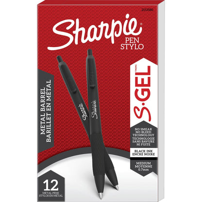Sharpie S-Gel Pens - 0.7 mm Medium Pen Point - Black Ink - Gel-based - Matte Black Metal Barrel - 12 / Dozen