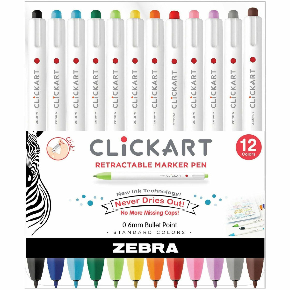 Zebra Pen ClickArt Retractable Markers Bullet Tip Assorted Colours 12/pkg - Retractable - Assorted Ink - Water Based - 1