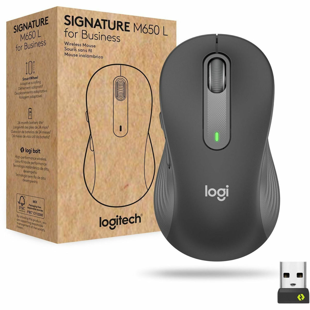 Logitech Signature M650L Mouse - Wireless - Bluetooth/Radio Frequency - Graphite - USB - 4000 dpi - Scroll Wheel - 5 But