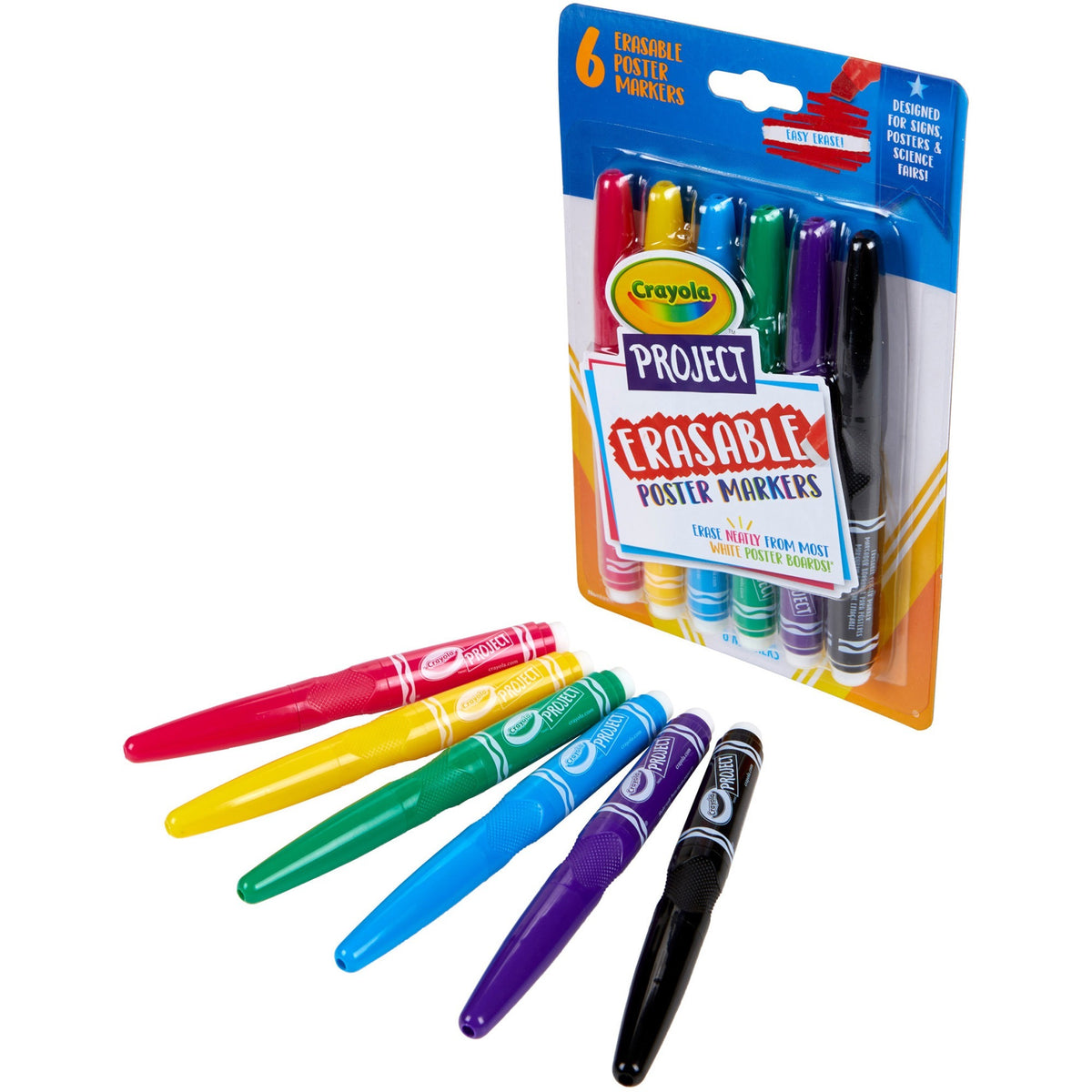 Crayola Project Erasable Poster Markers - Erasable - Red, Yellow, Green, Blue, Purple, Black Ink - 6 / Pack
