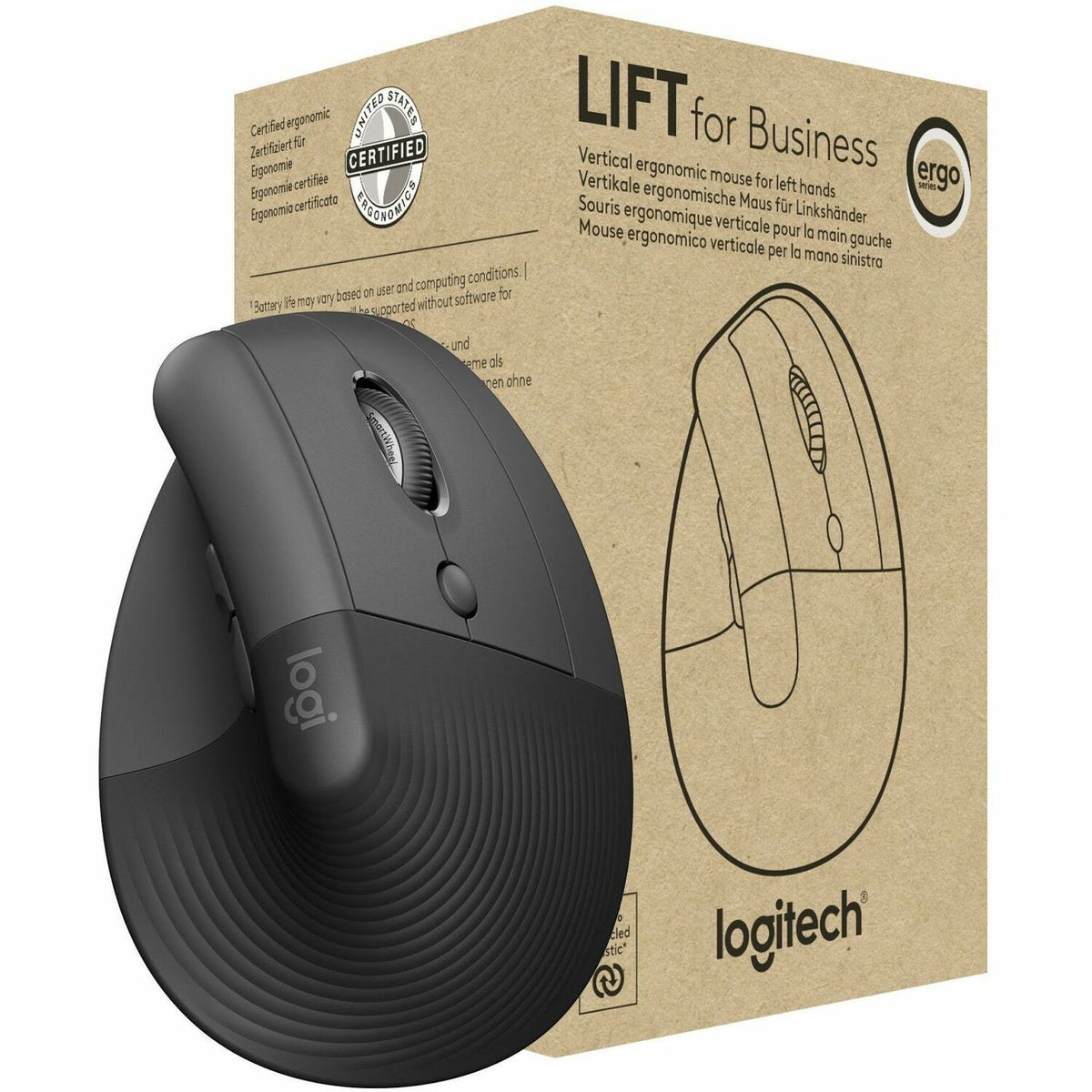 Logitech Lift Ergo Mouse - Optical - Wireless - Bluetooth/Radio Frequency - Graphite - USB - 4000 dpi - Scroll Wheel - 4