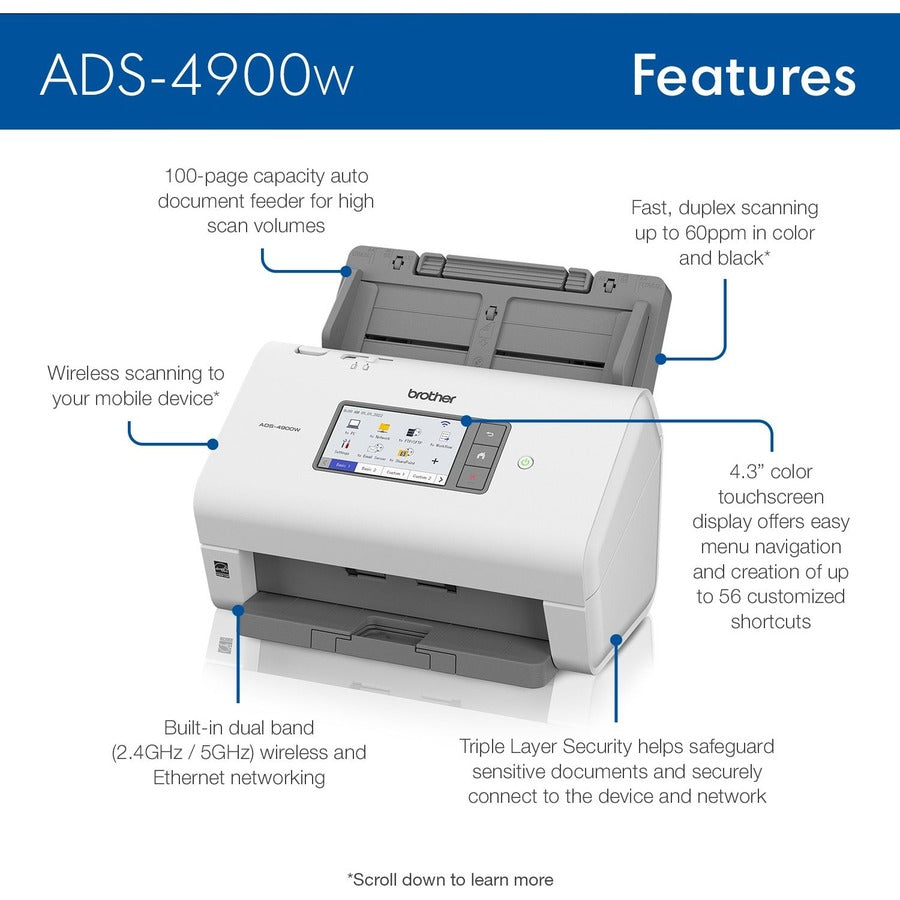 Brother ADS-4900W Sheetfed Scanner - 600 x 600 dpi Optical - 48-bit Color - 60 ppm (Mono) - 60 ppm (Color) - Duplex Scan