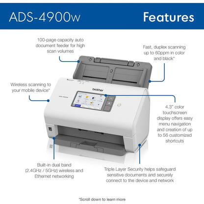 Brother ADS-4900W Sheetfed Scanner - 600 x 600 dpi Optical - 48-bit Color - 60 ppm (Mono) - 60 ppm (Color) - Duplex Scan