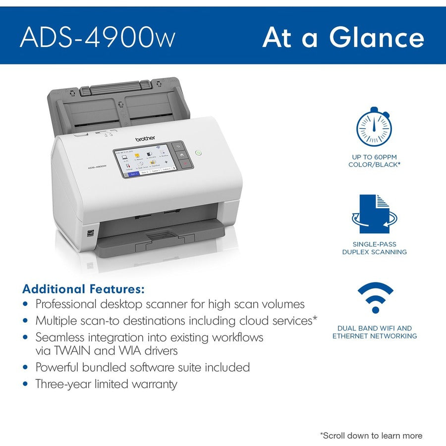 Brother ADS-4900W Sheetfed Scanner - 600 x 600 dpi Optical - 48-bit Color - 60 ppm (Mono) - 60 ppm (Color) - Duplex Scan
