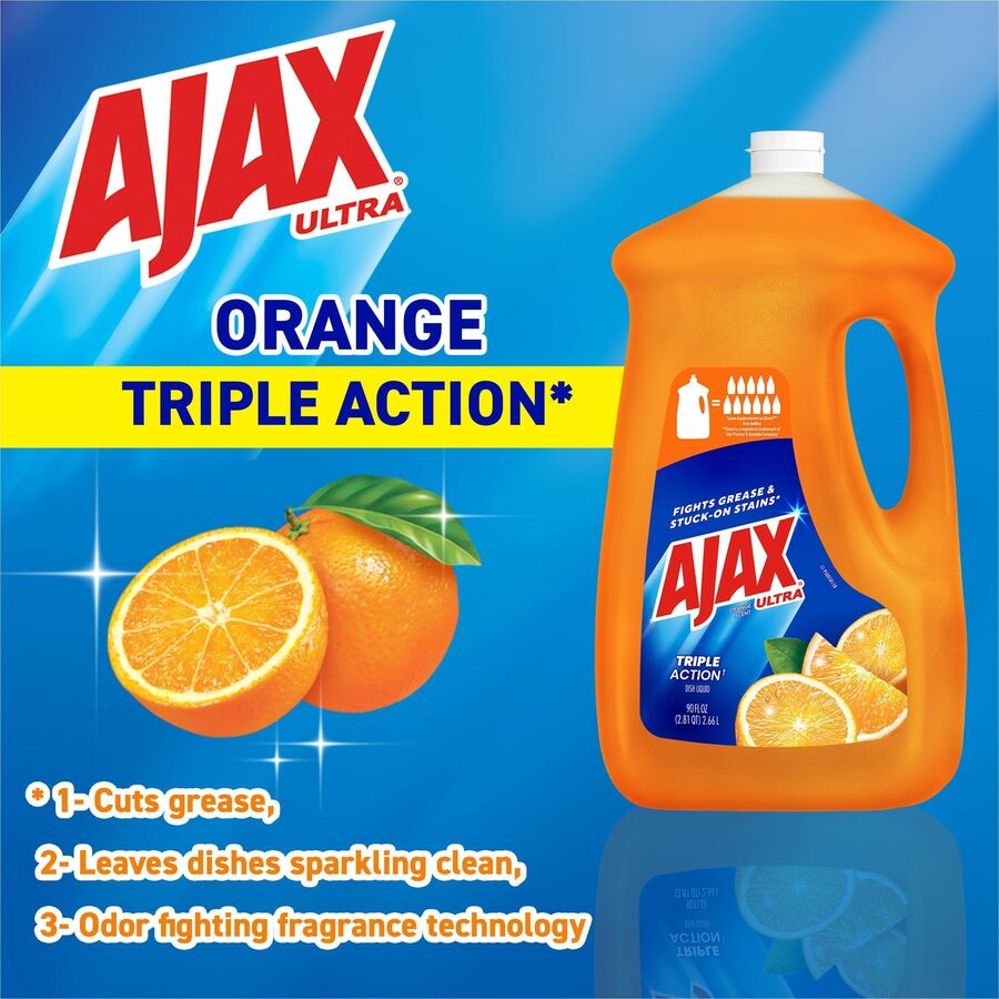 AJAX Triple Action Dish Soap - 90 fl oz (2.8 quart) - Orange Scent - Pleasant Scent, Phosphate-free, Kosher-free - Orang