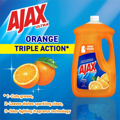 AJAX Triple Action Dish Soap - 90 fl oz (2.8 quart) - Orange Scent - Pleasant Scent, Phosphate-free, Kosher-free - Orang