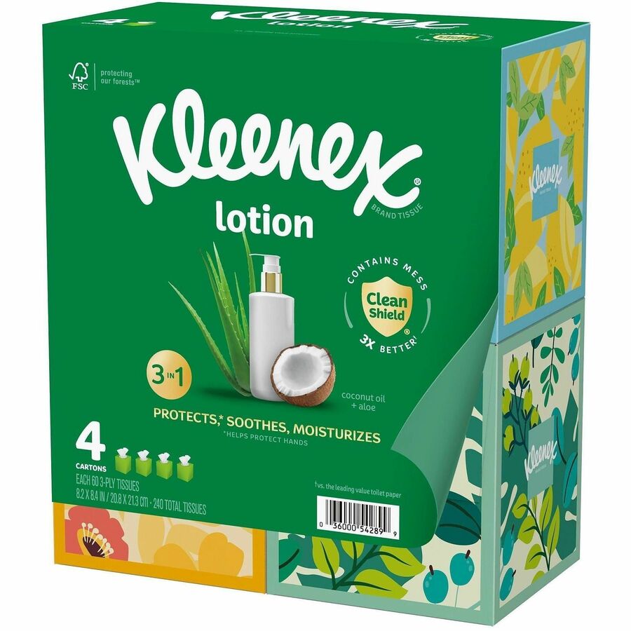 Kleenex Soothing Lotion Tissues - 3 Ply - WhiteBox - 60/Box - 4 / Pack