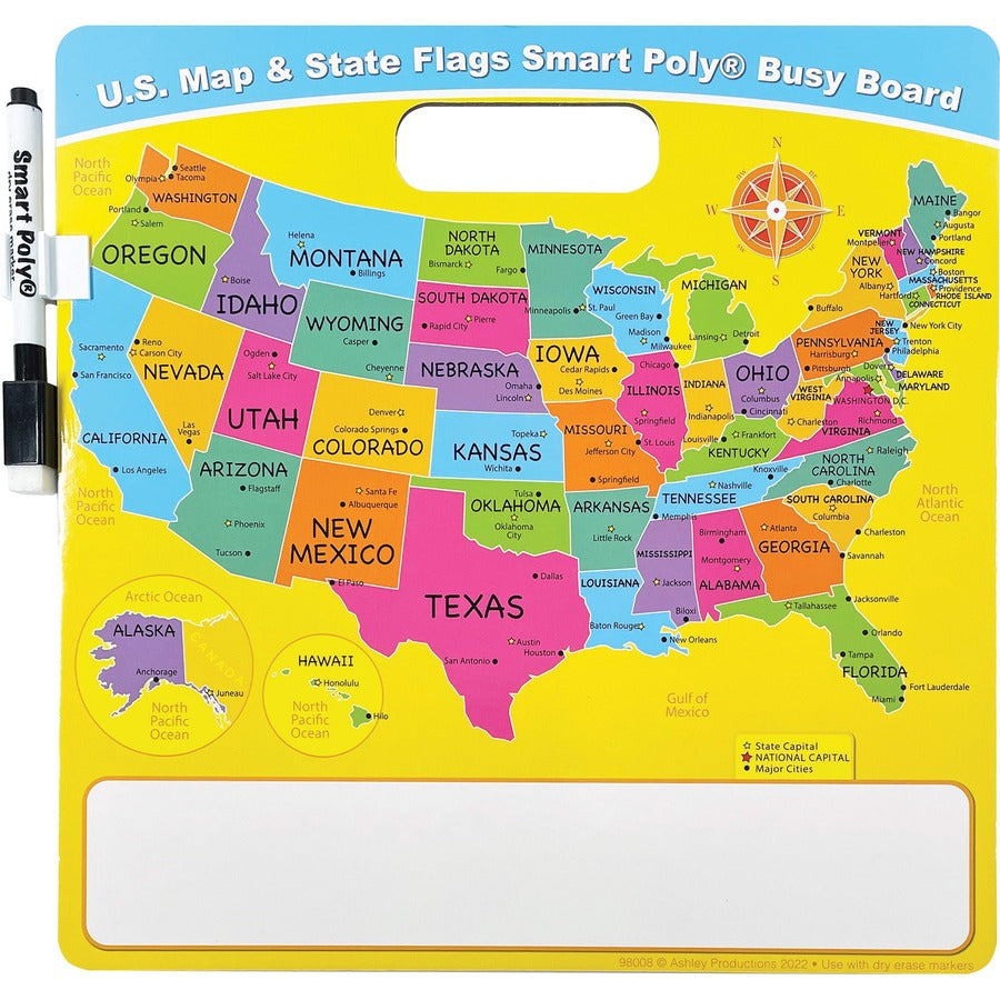 Ashley U.S. Map/Flags Smart Poly Busy Board - 10.8" (0.9 ft) Width x 10.8" (0.9 ft) Height - Poly-coated Cardboard Surfa