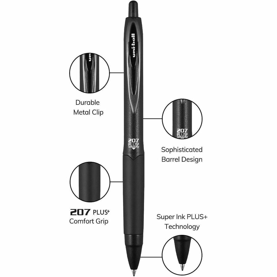 uniball™ 207 Plus+ Gel Pen - 0.7 mm Medium Pen Point - Retractable - Black Ink - Gel-based, Nanofiber Ink - Black Metal 