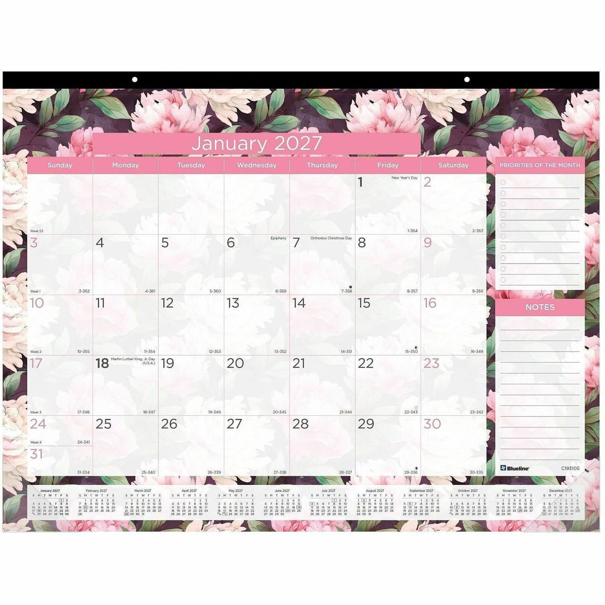 Brownline Monthly Floral Desk Pad - Monthly - 12 Month - January 2027 to December 2027 - 1 Month Double Page Layout - 17