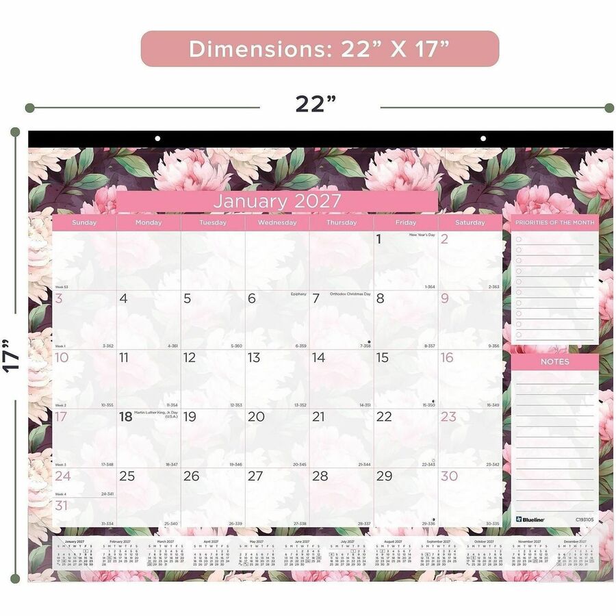 Brownline Monthly Floral Desk Pad - Monthly - 12 Month - January 2027 to December 2027 - 1 Month Double Page Layout - 17