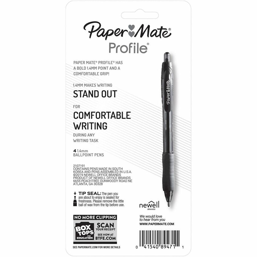 Paper Mate Profile Retractable Gel Pens - 0.7 mm Medium Pen Point - Retractable - Black Ink - Gel-based - 4 / Pack