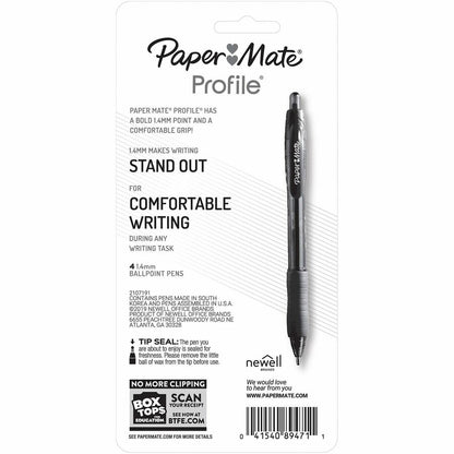 Paper Mate Profile Retractable Gel Pens - 0.7 mm Medium Pen Point - Retractable - Black Ink - Gel-based - 4 / Pack
