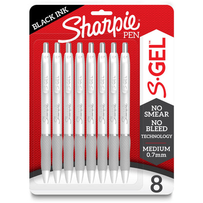 Sharpie S-Gel Pens - 0.7 mm Medium Pen Point - Black Ink - Gel-based - White Plastic Barrel - 8 / Pack