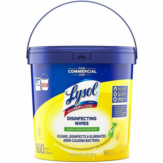 Lysol Disinfecting Wipe Bucket w/Wipes - Lemon & Lime Blossom Scent - 8" Length x 6" Width - White - 800 / Each