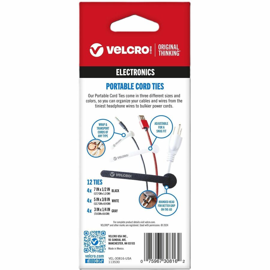 VELCRO® Portable Cord Ties - Cable Tie - Multi - 12 / Pack
