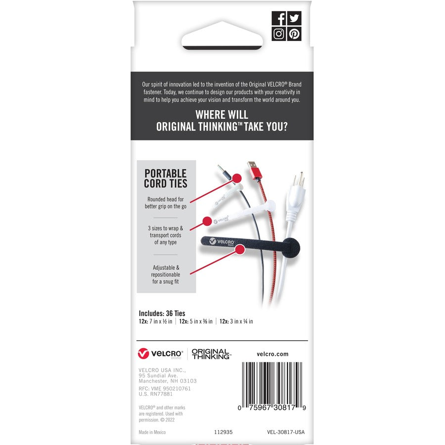 VELCRO® Portable Cord Ties - Cable Tie - Multi - 36 / Pack