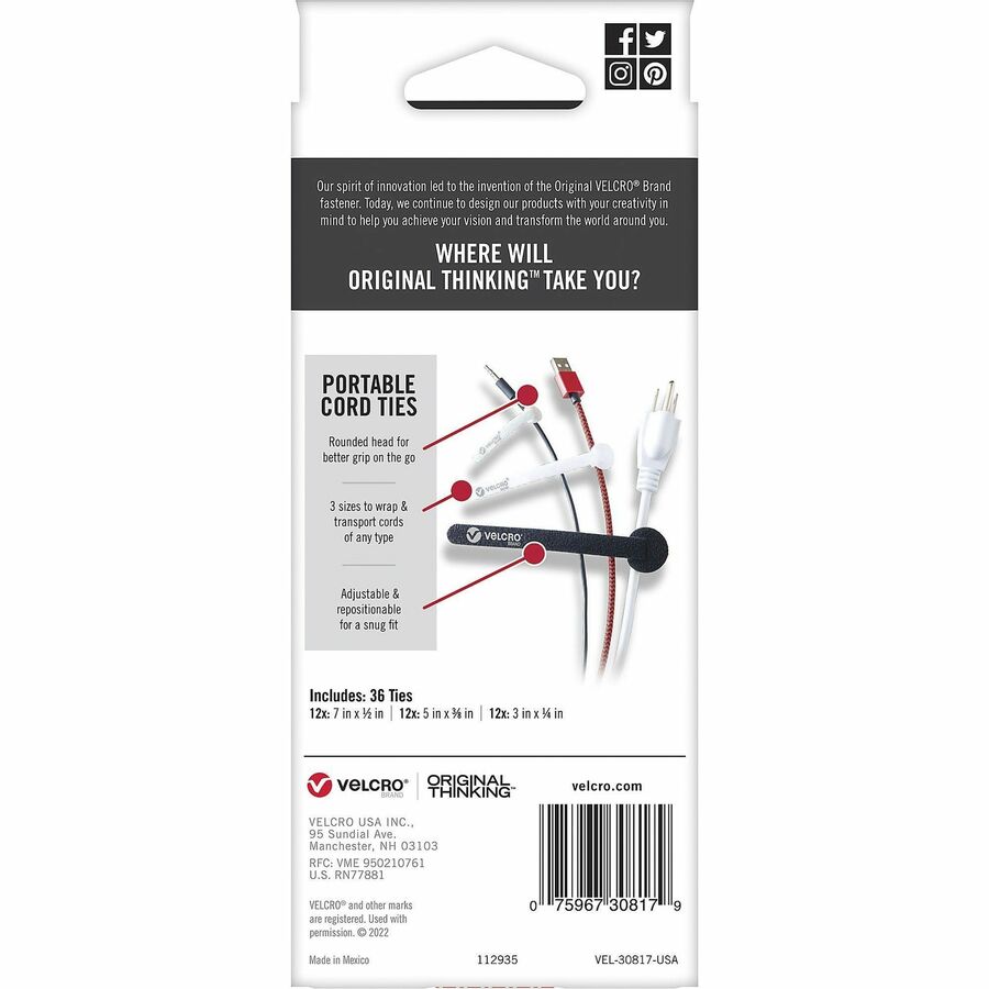 VELCRO® Portable Cord Ties - Cable Tie - Multi - 36 / Pack