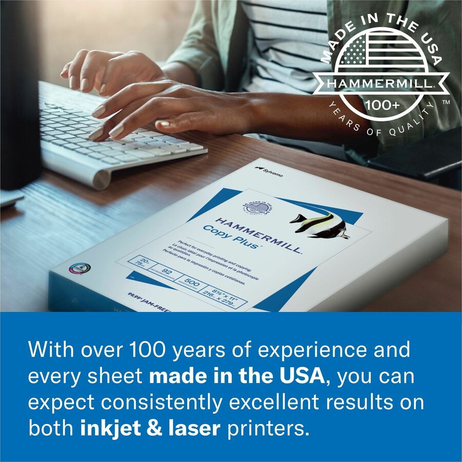 Hammermill Copy Plus Paper - White - 92 Brightness - Legal - 8 1/2" x 14" - 20 lb Basis Weight - FSC, Sustainable Forest