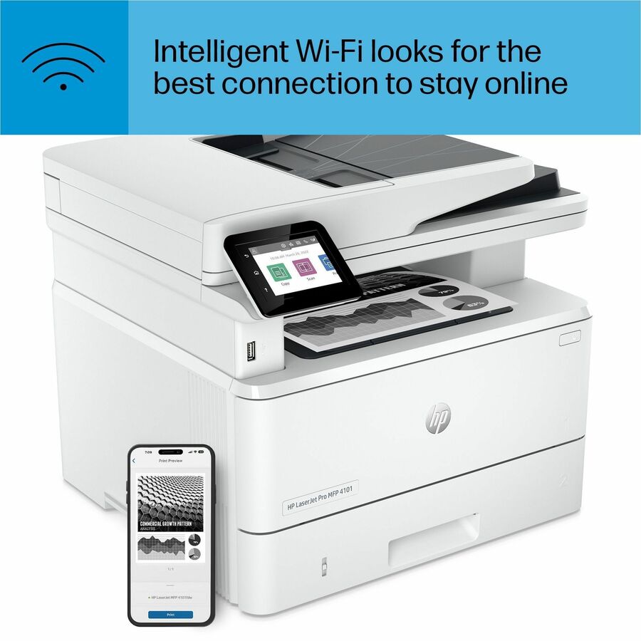 HP LaserJet Pro 4101fdw Wireless Laser Multifunction Printer - Monochrome - White - Copier/Fax/Printer/Scanner - 4800 x 