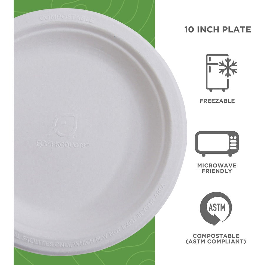 Eco-Products Vanguard 10" Sugarcane Plates - Breakroom - Disposable - Microwave Safe - 10" Diameter - White - Sugarcane 
