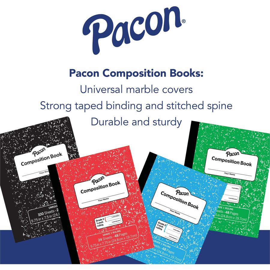 Pacon Composition Book - 24 Sheets - 48 Pages - 9.8" Width x 7.5" Depth - Blue Marble Cover - Durable Cover, Soft Cover 