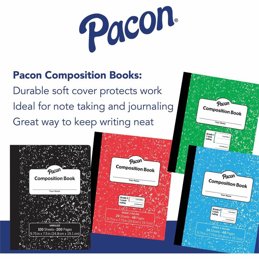 Pacon Composition Book - 24 Sheets - 48 Pages - 9.8" Width x 7.5" Depth - Blue Marble Cover - Durable Cover, Soft Cover 