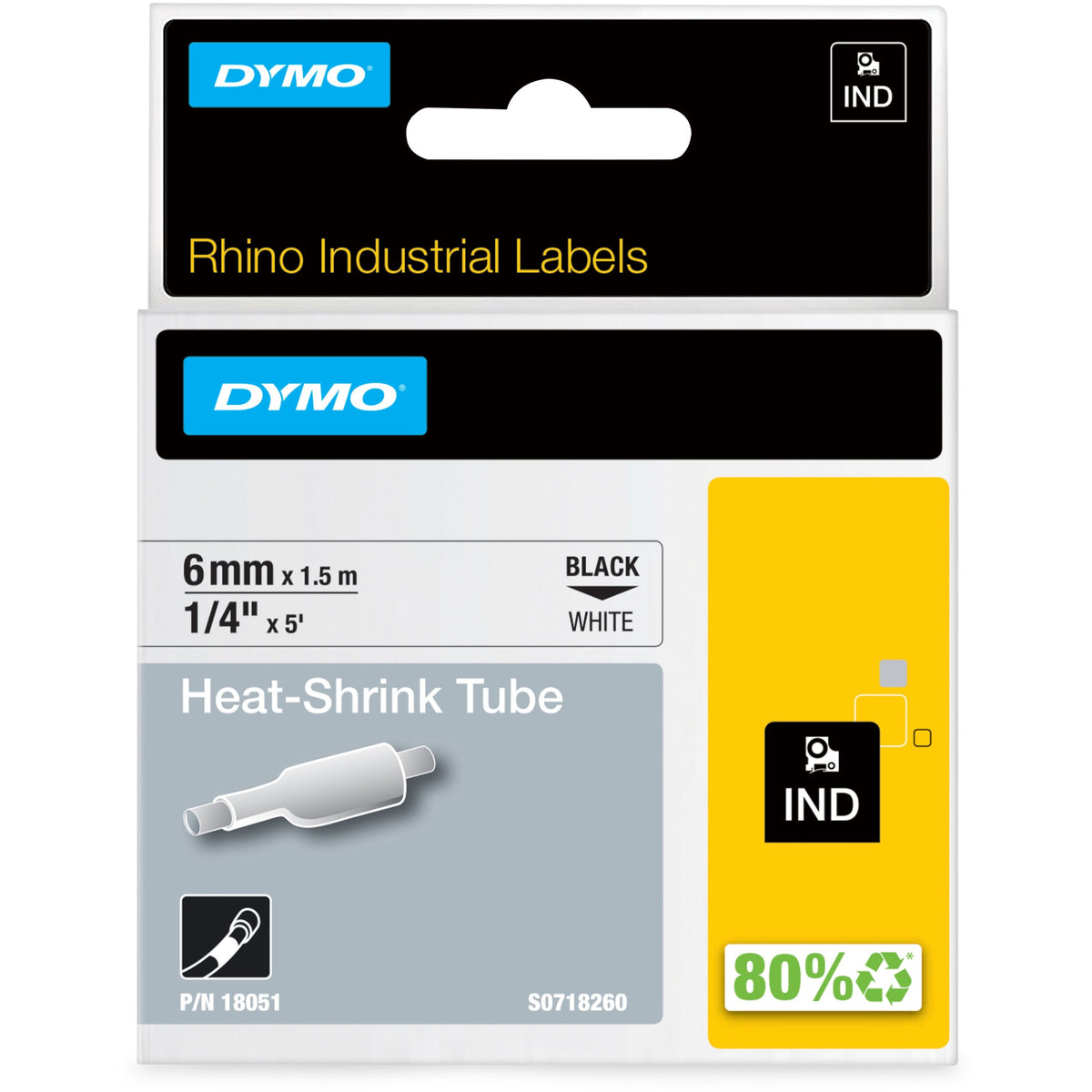 Dymo Rhino Heat Shrink Tube Labels - x 1/4" Width - Thermal Transfer - White - Polyolefin - 1 Each