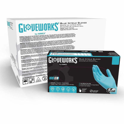 Ammex Gloveworks Blue Nitrile PF Ind LG Gloves - 5 mil Thickness - Large Size - For Right/Left Hand - Nitrile - Blue - 1