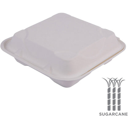Eco-Products Hinged Clamshell Containers - Storing - Disposable - Microwave Safe - White - Sugarcane Body - 200 / Carton