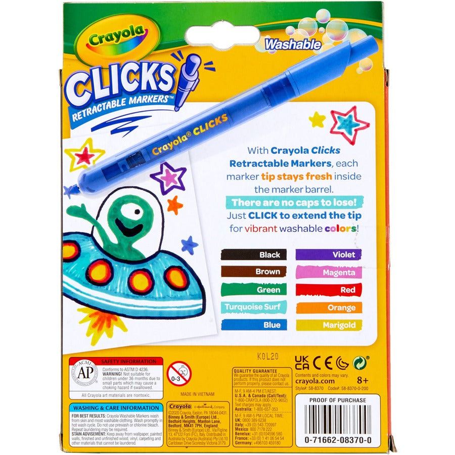 Crayola Marker - Retractable - Washable - Assorted Ink - Water Based - Assorted Plastic Barrel - 10 / Pack