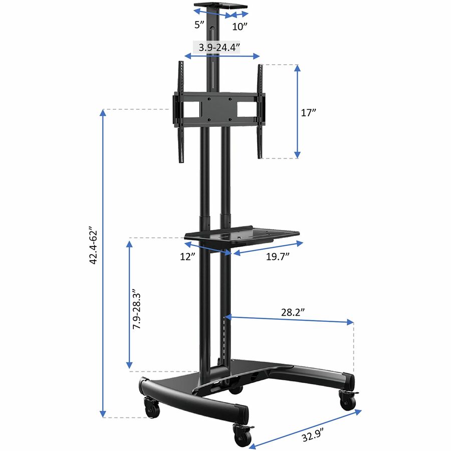 Rocelco VSTC Standard TV Cart - 100 lb Load Capacity - 4 Casters - 2.50" Caster Size - Steel Frame - Black - 32" to 70" 