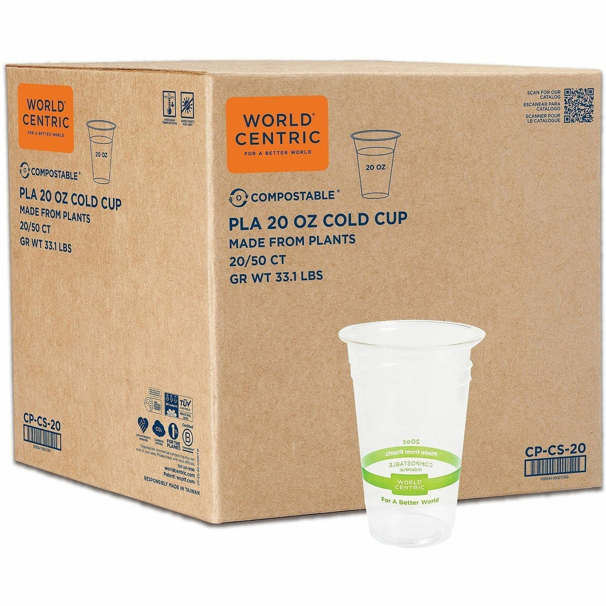 World Centric Compostable Clear Cold Cups - 20 fl oz - Clear - Polylactic Acid (PLA) - 20 / Carton