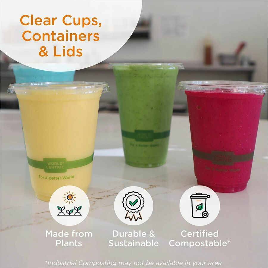 World Centric Compostable Clear Straw Lids - Plant Sugar, Polylactic Acid (PLA) - Clear - 1000 / Carton