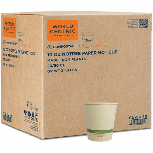 World Centric Compostable NoTree Paper Hot Cups - 10 fl oz - Natural - Paper, Sugarcane Fiber - 20 / Carton