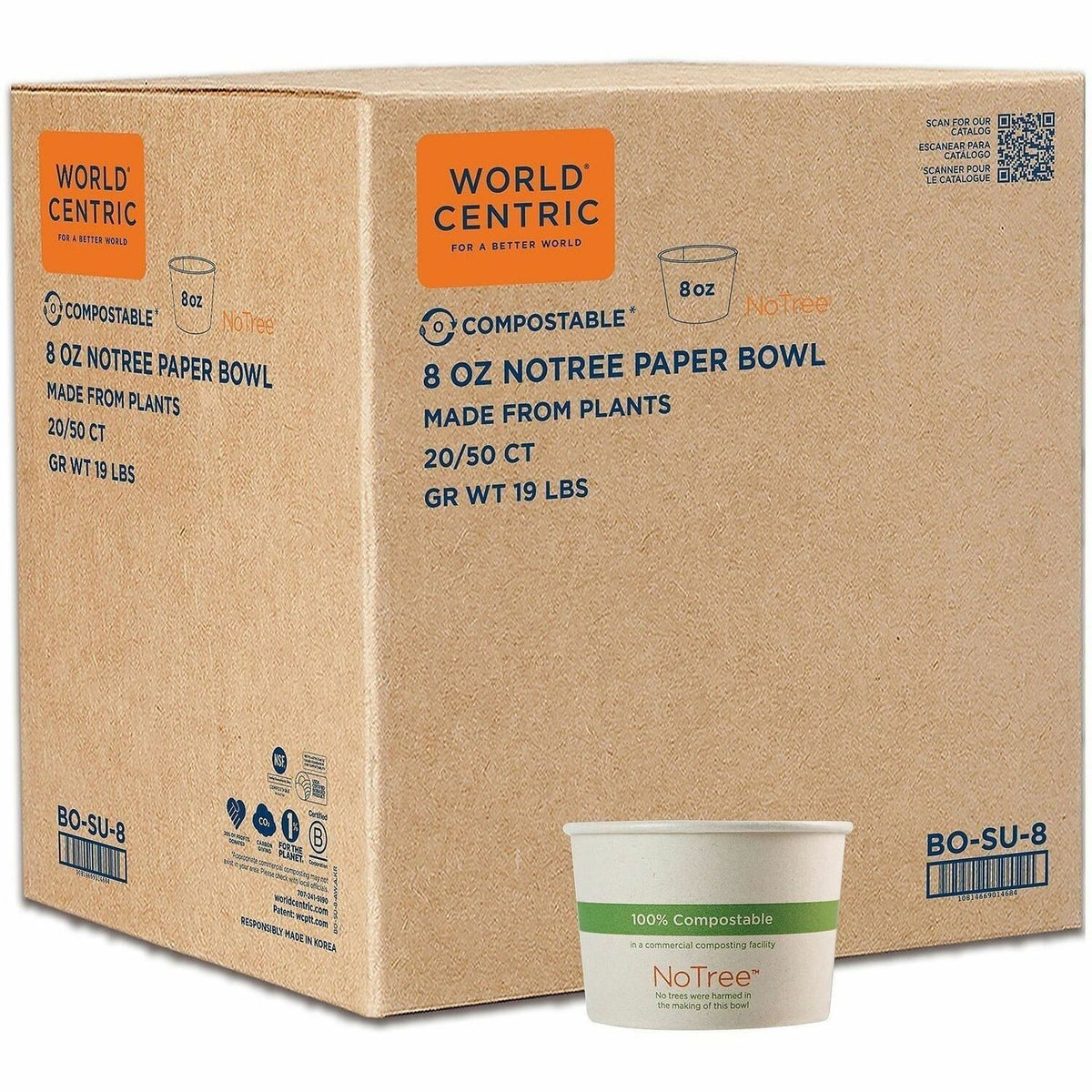 World Centric Compostable NoTree Paper Bowl - Ice Cream, Salad, Soup, Fruit - 3.4" Diameter - Natural - Paper, Sugarcane