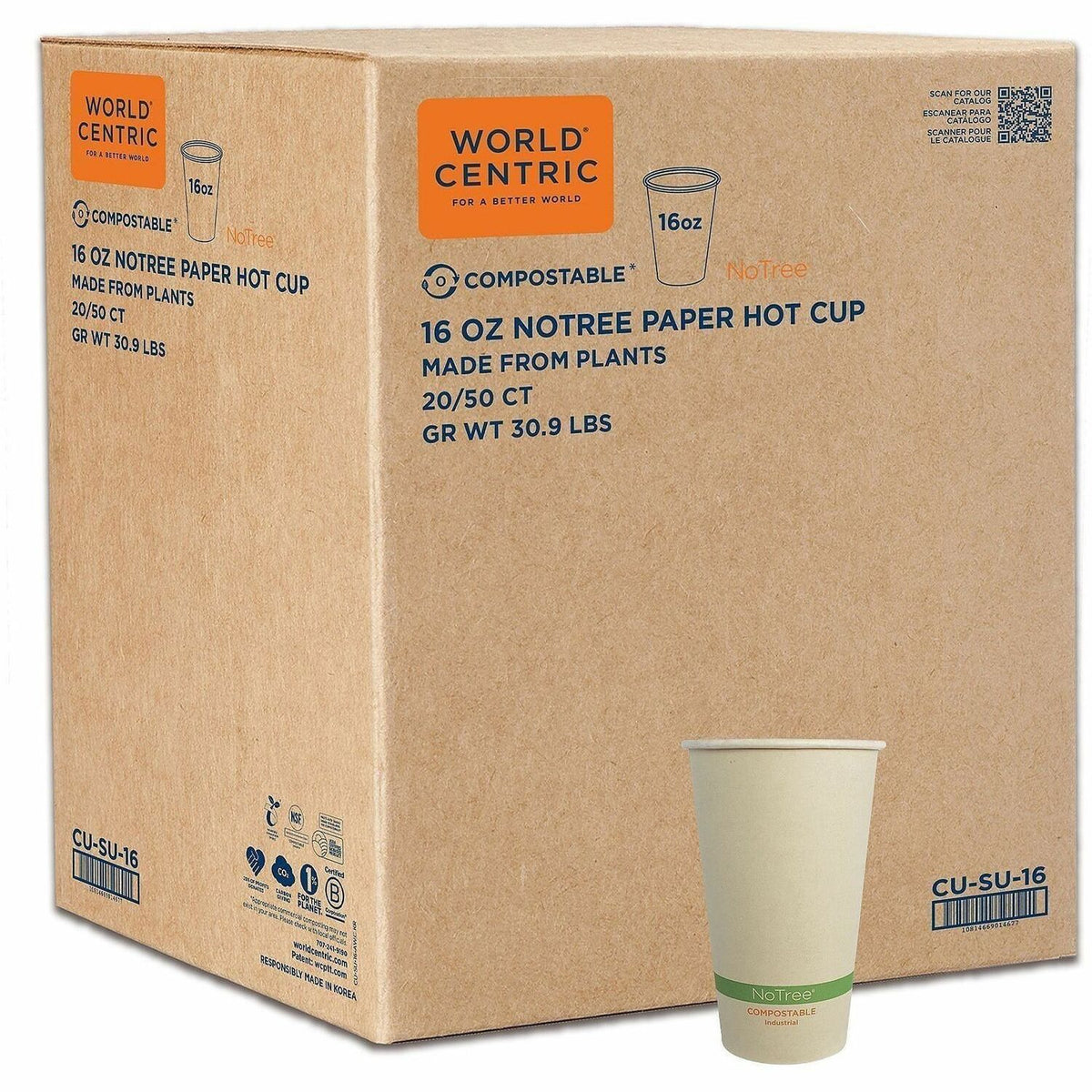 World Centric Compostable NoTree Paper Hot Cups - 16 fl oz - Natural - Paper - 20 / Carton