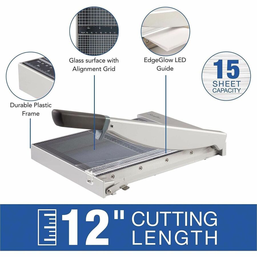 Swingline ClassicCut Guillotine Glass Trimmer - 15 Sheet Cutting Capacity - 12" Cutting Length - Safety Latch - Tempered