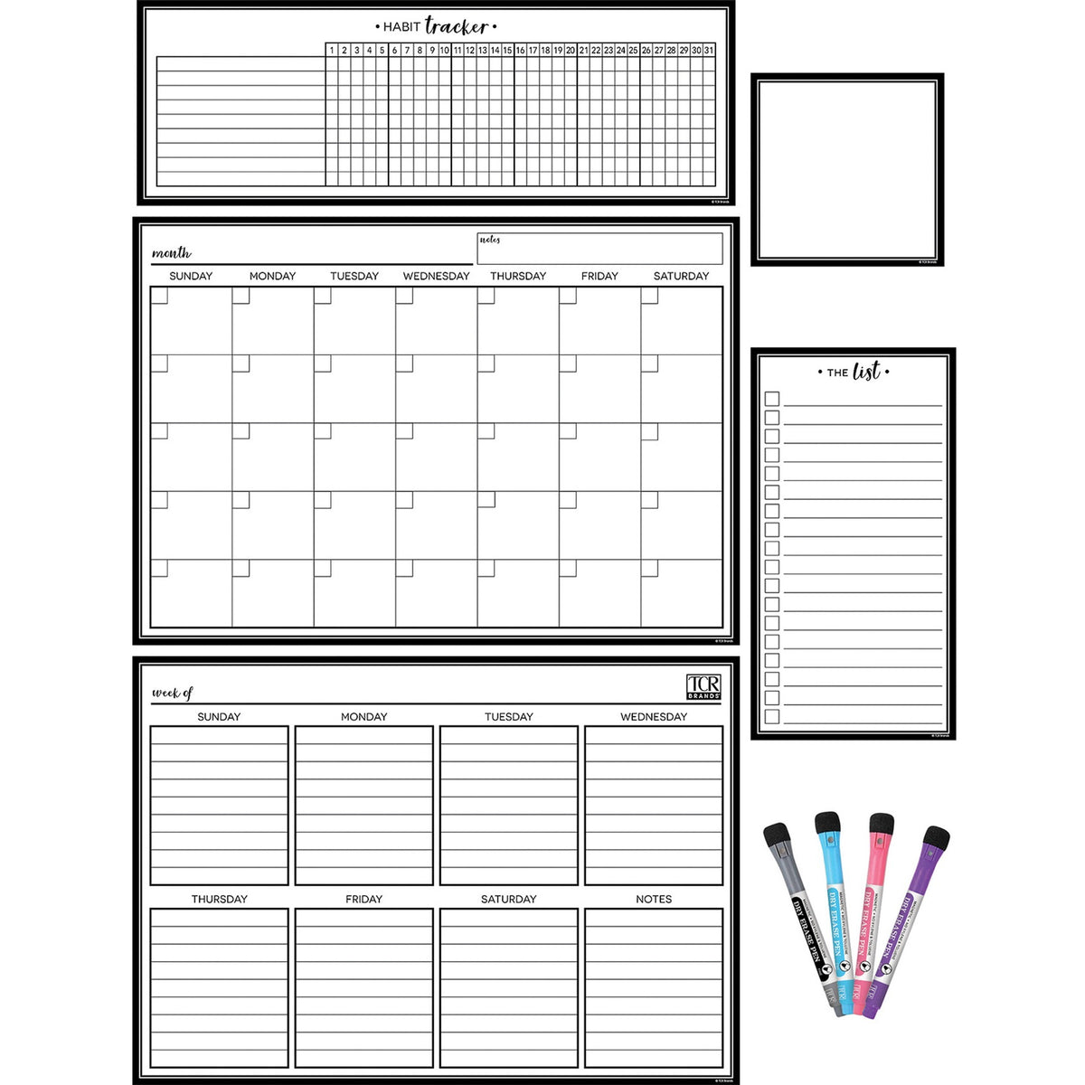 Teacher Created Resources Black & White Dry-Erase Magnetic Calendar Set - Black, White - 1 Pack
