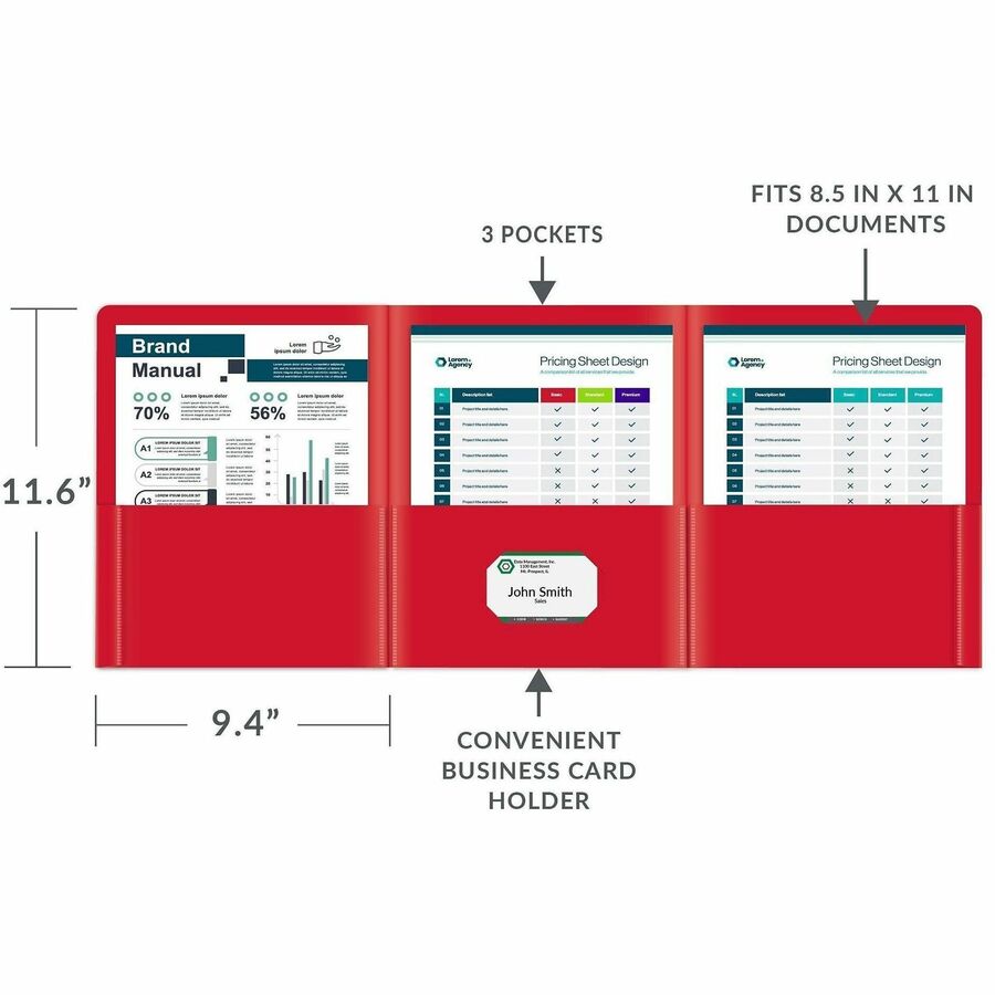 C-Line CLI-33944 Letter Portfolio - 8 1/2" x 11" - 75 Sheets Capacity - 3 Pocket - Polypropylene - Red - 24 / Box