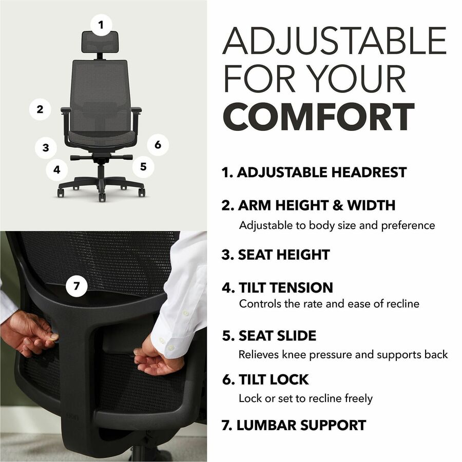 HON Ignition 2.0 Mid-back Task Chair with Headrest - Mid Back - Black - Armrest - 1 Each
