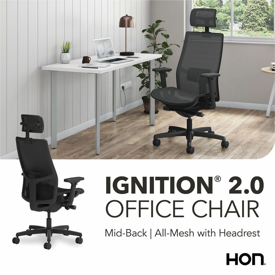 HON Ignition 2.0 Mid-back Task Chair with Headrest - Mid Back - Black - Armrest - 1 Each