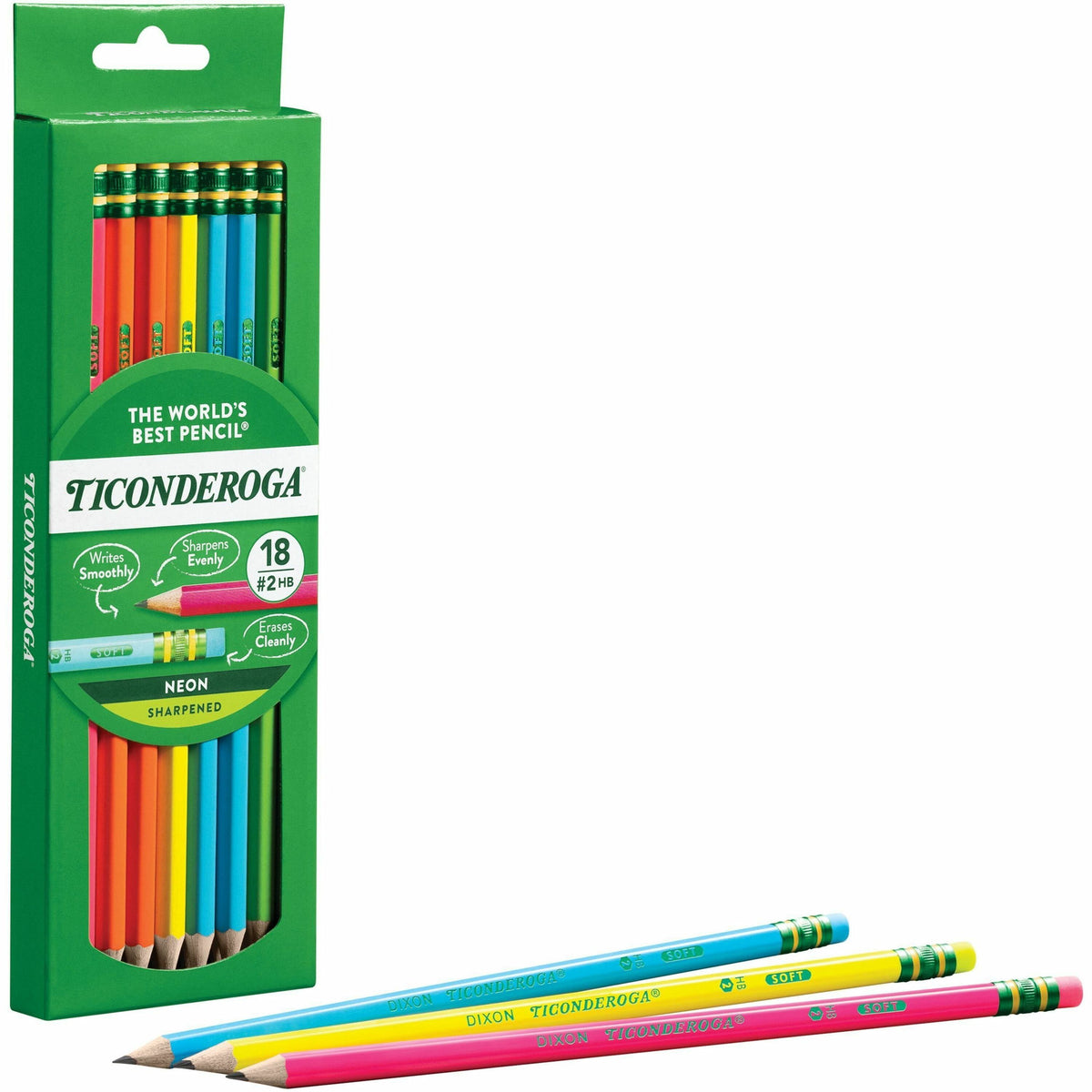 Ticonderoga Neon Pre-Sharpened No. 2 Pencils - Black, Assorted Neon Lead - #2 - Broad Point - Neon Barrel - 18 / Box