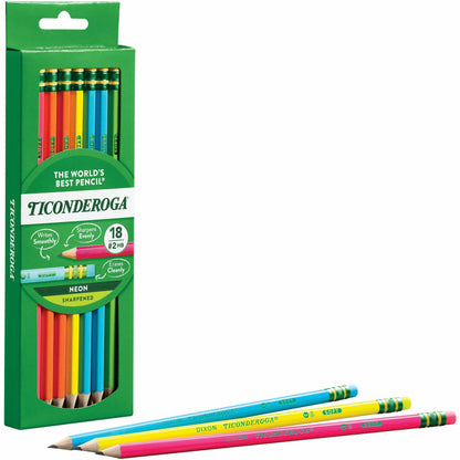 Ticonderoga Neon Pre-Sharpened No. 2 Pencils - Black, Assorted Neon Lead - #2 - Broad Point - Neon Barrel - 18 / Box