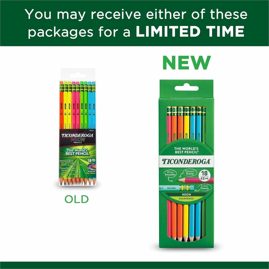 Ticonderoga Neon Pre-Sharpened No. 2 Pencils - Black, Assorted Neon Lead - #2 - Broad Point - Neon Barrel - 18 / Box