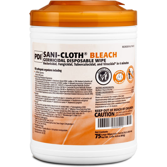 PDI Sani-Cloth Bleach Germicidal Wipes - 10.50" Length x 6" Width - Disposable, Presaturated, Pre-moistened, Fungicide -