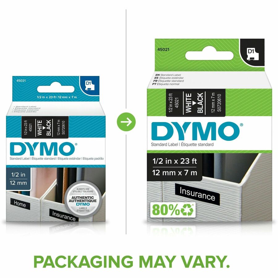Dymo D1 Electronic Tape Cartridge - 1/2" Width x 23 ft Length - Rectangle - Thermal Transfer - Glossy - Black, White - P